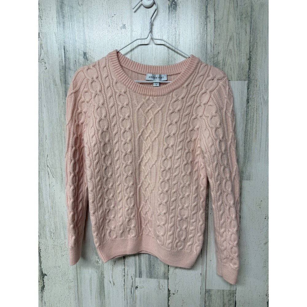 Amour Vert 100% Wool Cable Knit Sweater Women M Pink Fisherman Crewneck Preppy - Picture 2 of 10